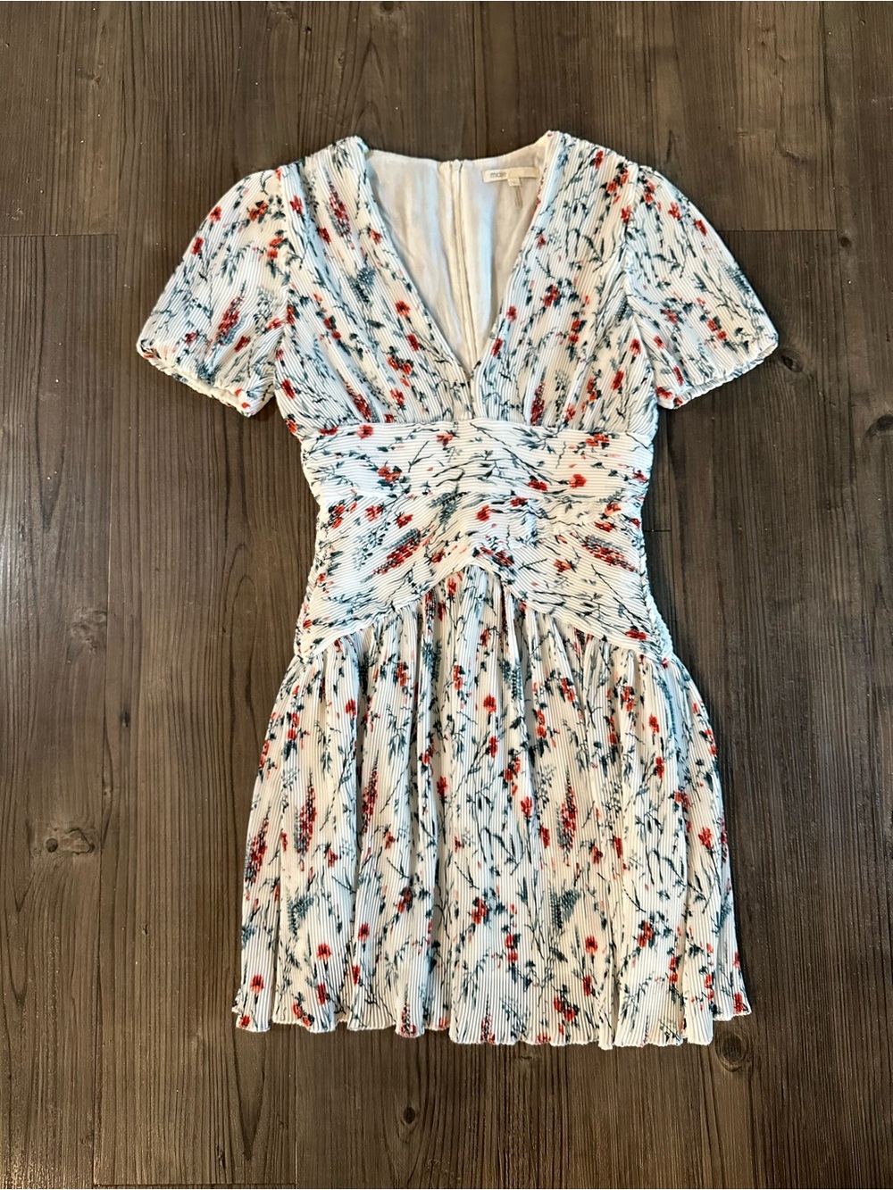 Maje White Floral V-Neck Mini Dress with Red & Green Print